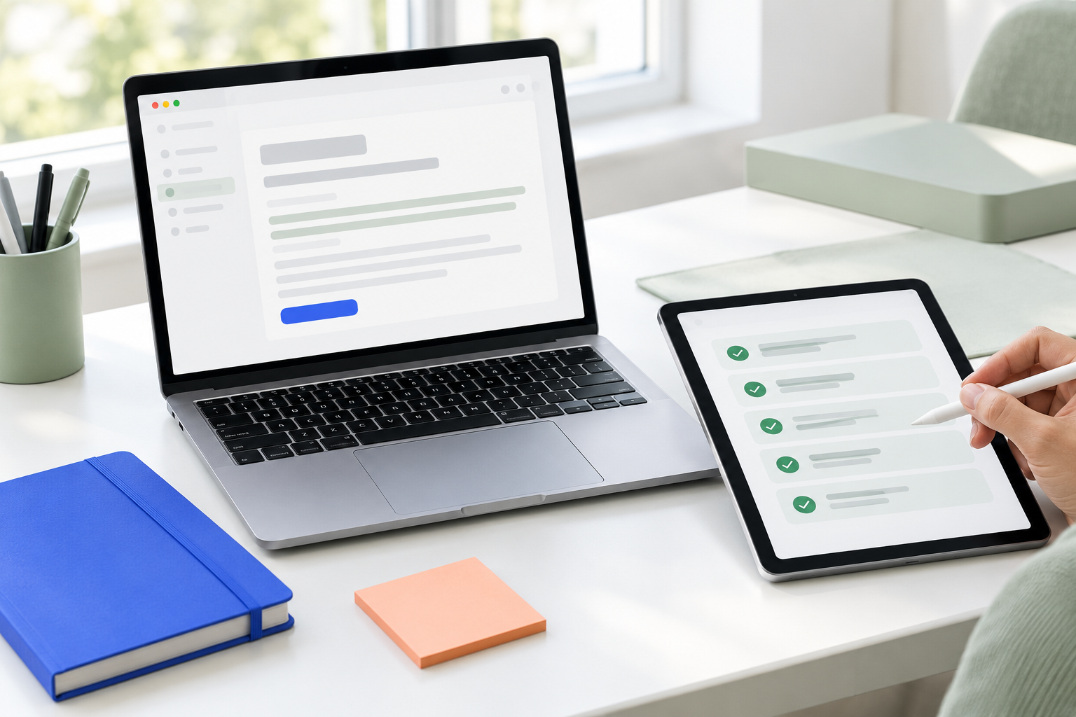 A marketer reviewing abstract ad creatives and an email draft against a compliance checklist